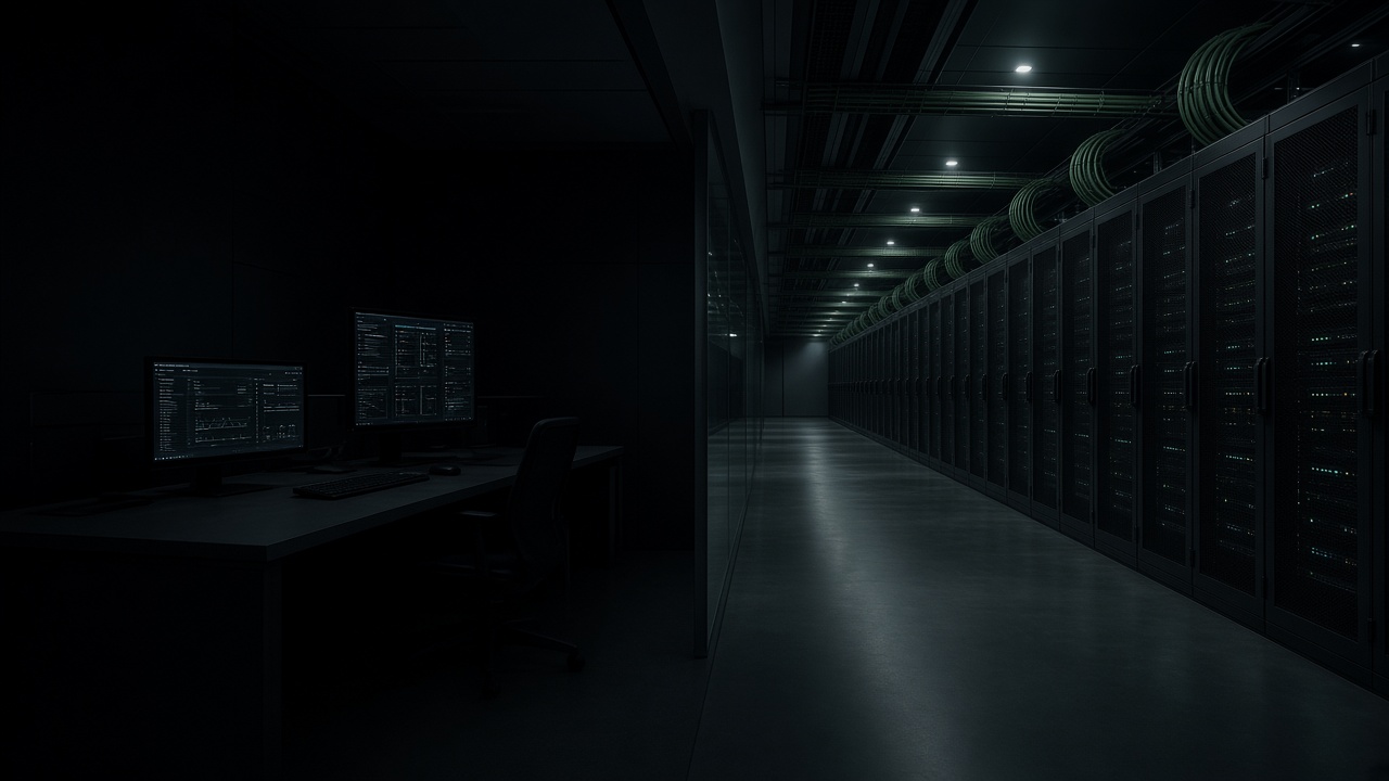 An operations desk opening onto data-hall infrastructure