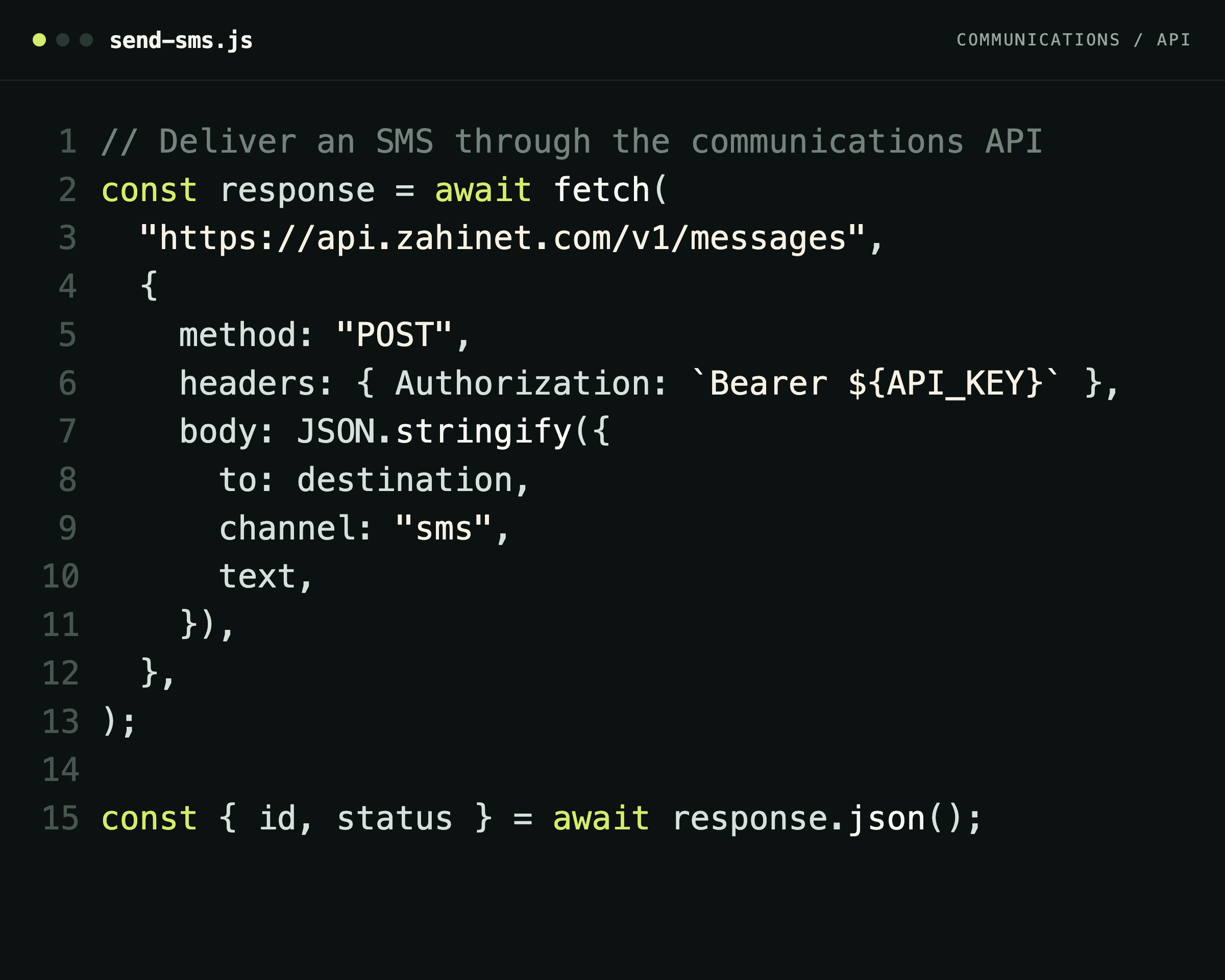 Code that sends an SMS through the communications API